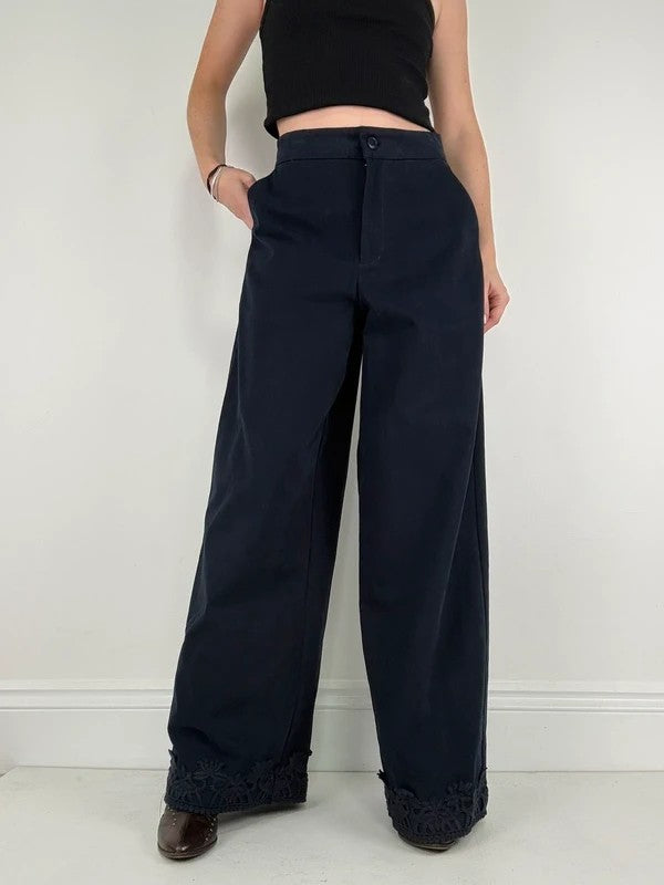 navy ultra wide leg lace hem trousers