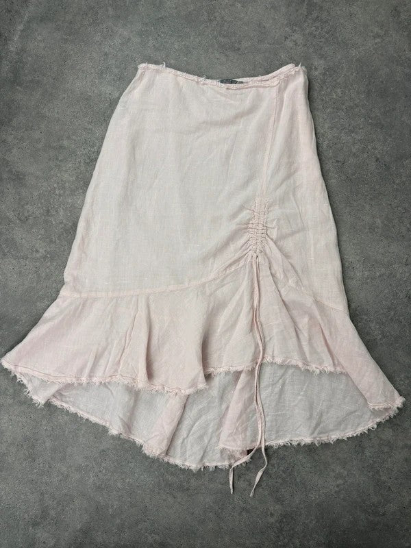 Pink linen flared asymmetric midi skirt