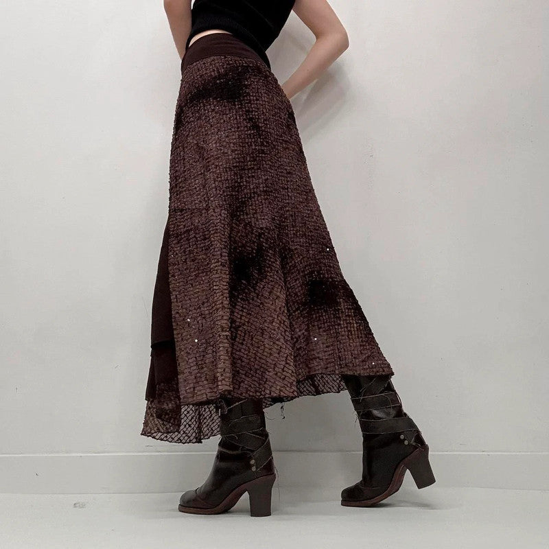brown distressed textured layered maxi skirt