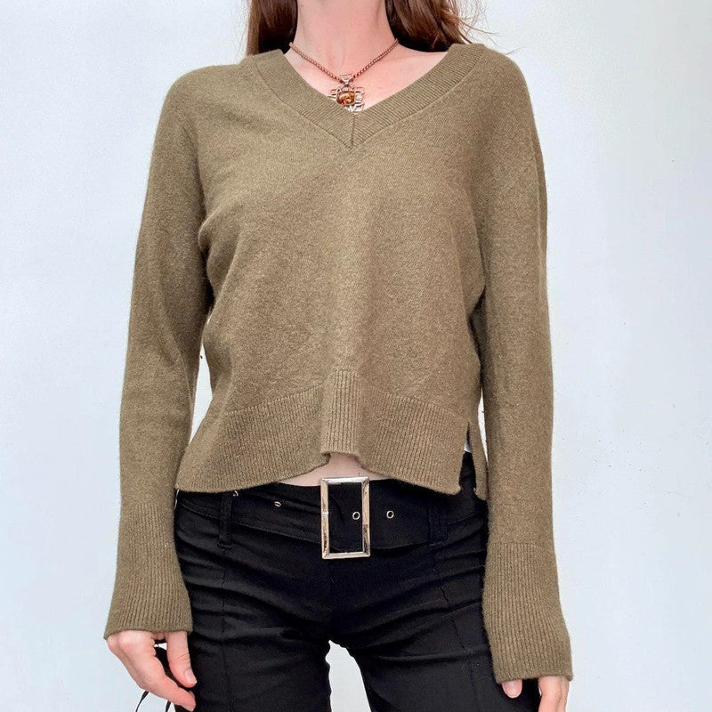 khaki slouchy wool knitted v-neck jumper