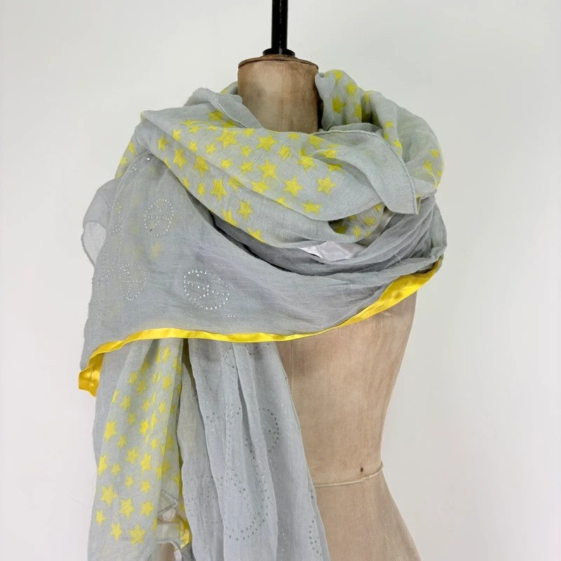 Sheer grey cotton shawl boho patchwork scarf