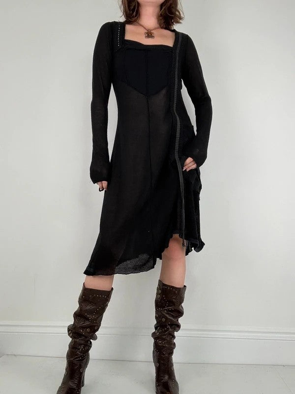 Black long sleeve french midi dress