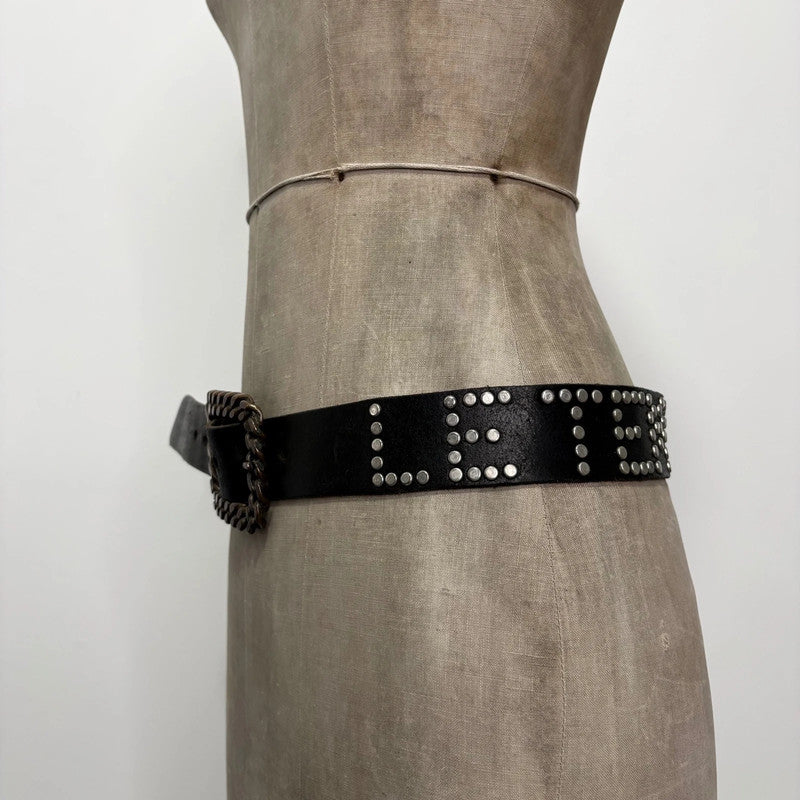 black leather studded spellout belt