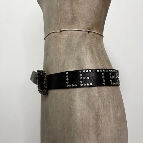 black leather studded spellout belt