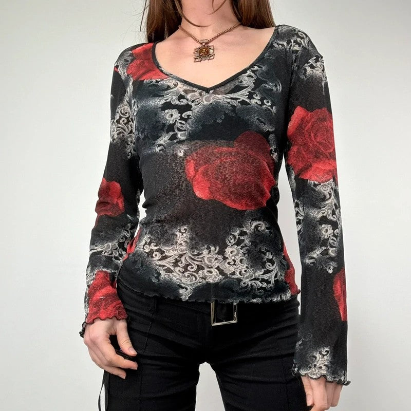distressed floral rose print long sleeve mesh t-shirt