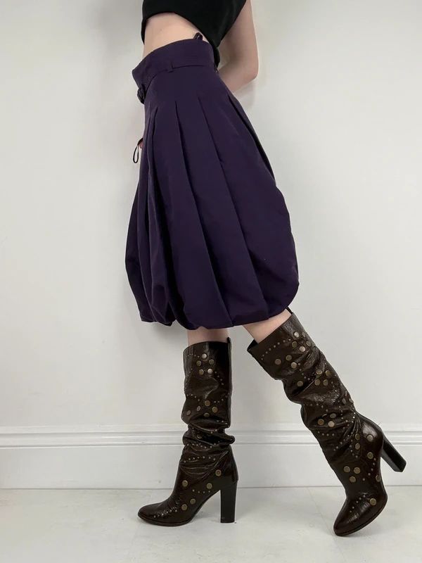 pleated puff balloon purple midi silk cotton skirt