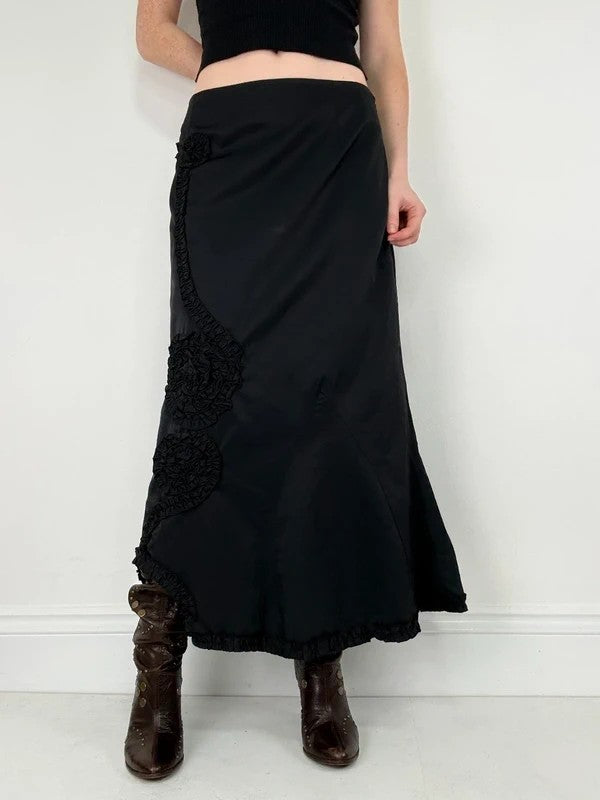 asymmetric black pleated gathered ribbon maxi skirt
