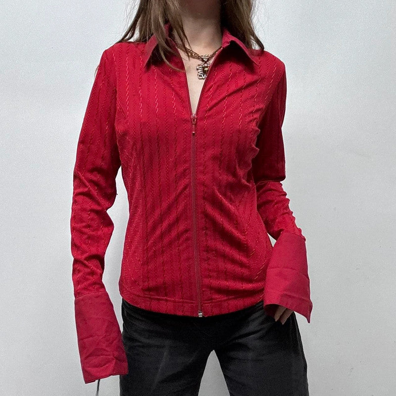 red zip up pinstripe flared shirt