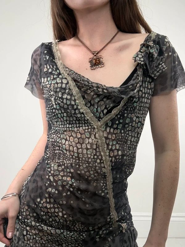 slouchy grey polkadot snake cowl neck draped mini dress