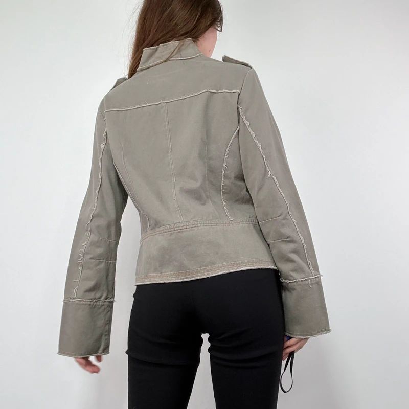 khaki military cotton utility jacket with hook and eyes