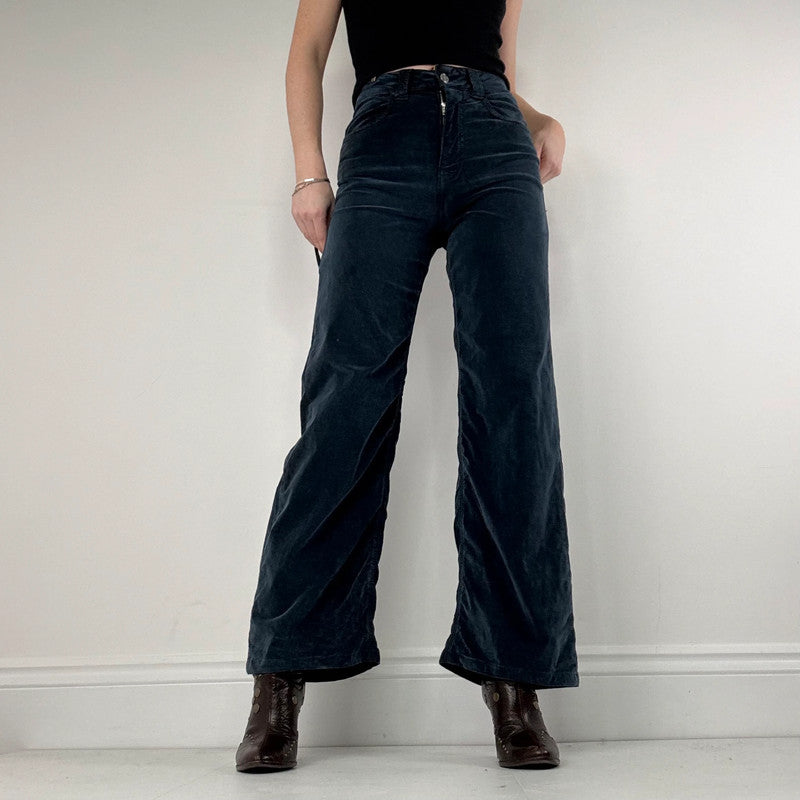 navy blue velvet flared trousers