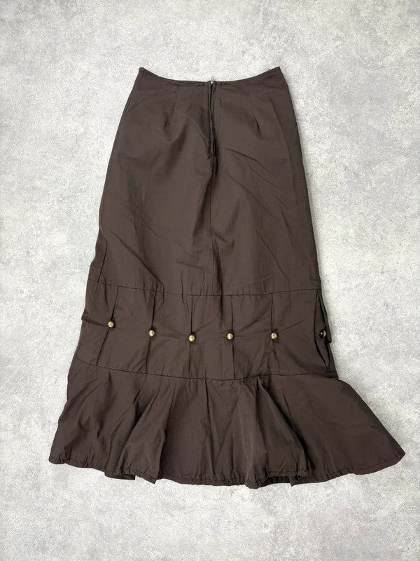 brown flared studded pleated maxi skirt