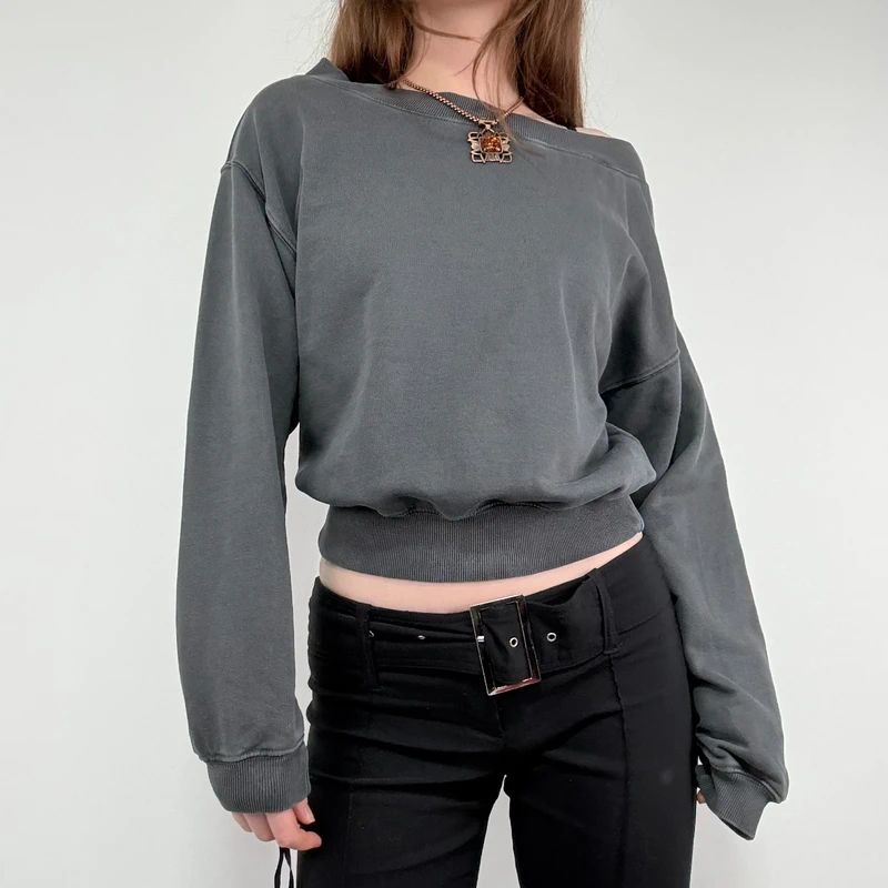 grey slash neck cropped sweater