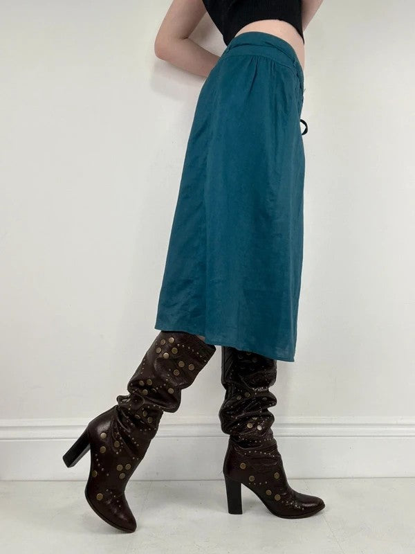 blue linen embroidered wrap lace midi skirt