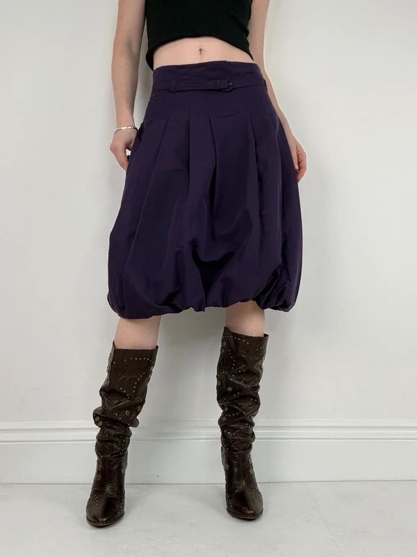 pleated puff balloon purple midi silk cotton skirt