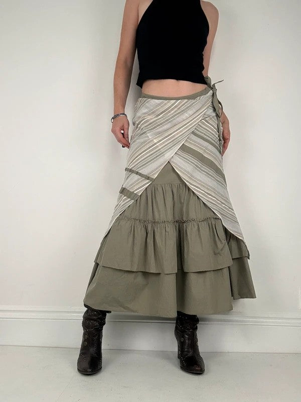 khaki layered pleated ruffle cotton maxi skirt