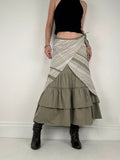 khaki layered pleated ruffle cotton maxi skirt