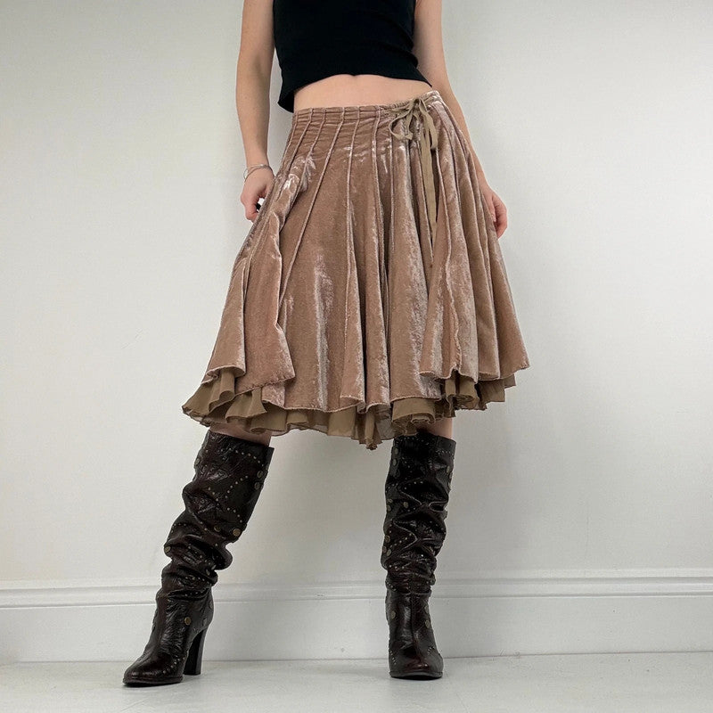 Brown pleated flared layered midi skirt