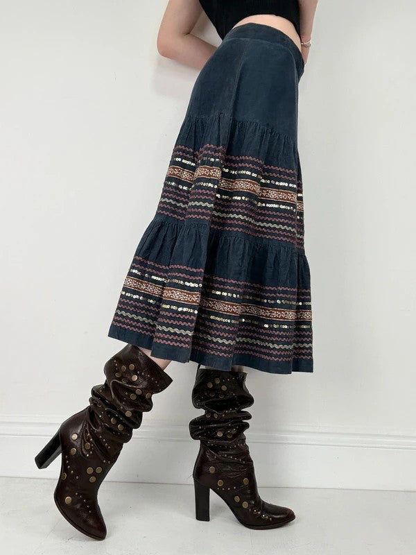 boho cord flared embroidered tiered sequin midi skirt
