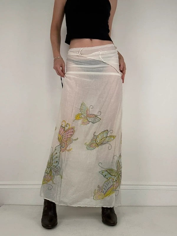 White cotton sheer butterfly summer maxi cover-up