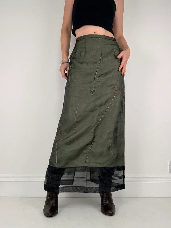 Green embroidered layered a-line maxi skirt
