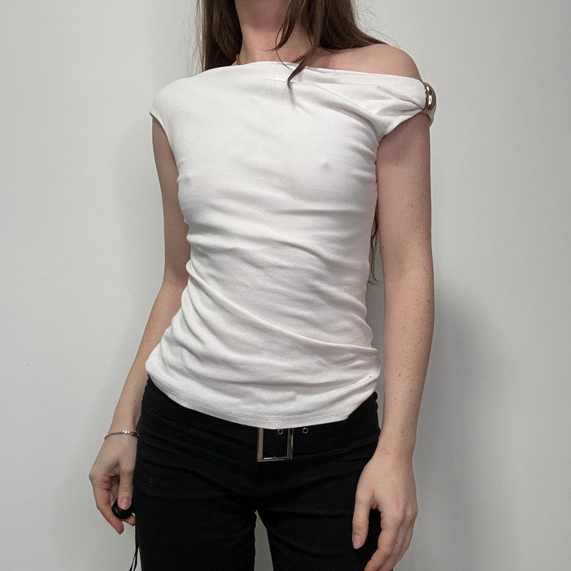 white asymmetric off the shoulder t-shirt