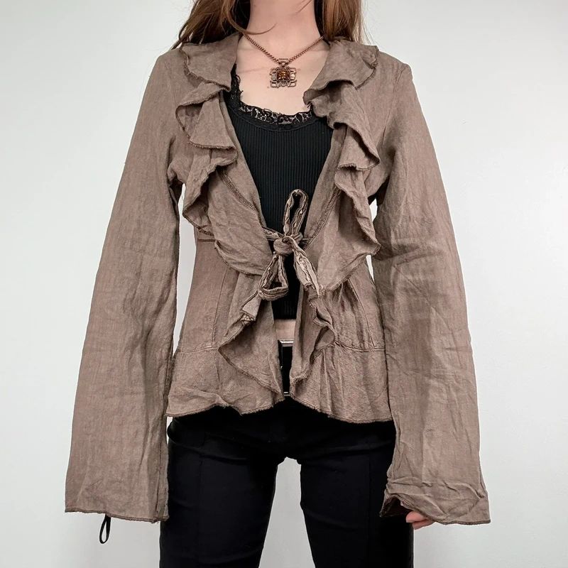brown linen flared fitted ruffle shirt