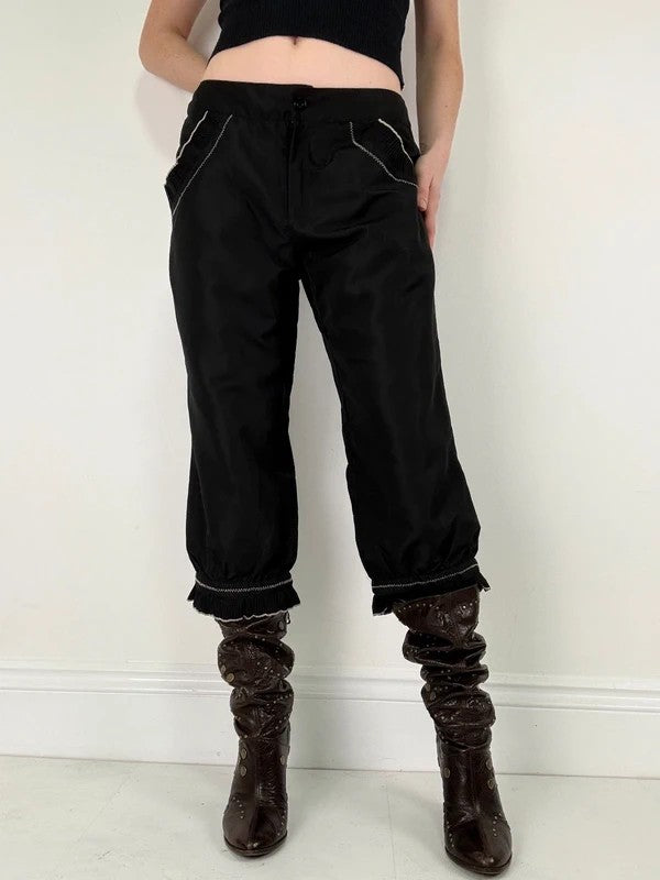 black capri pants pleated ruffle hem trousers