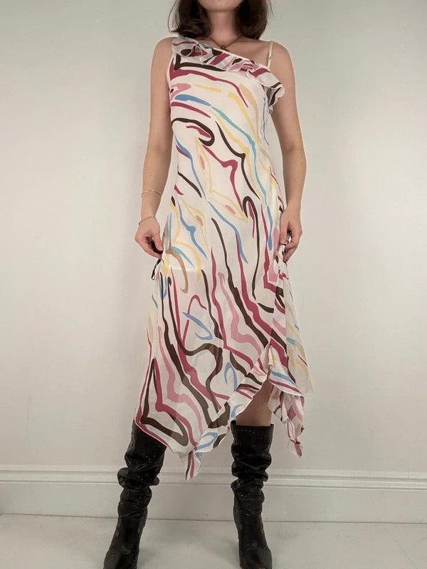 Ruffle multicoloured layered abstract asymmetrical dress