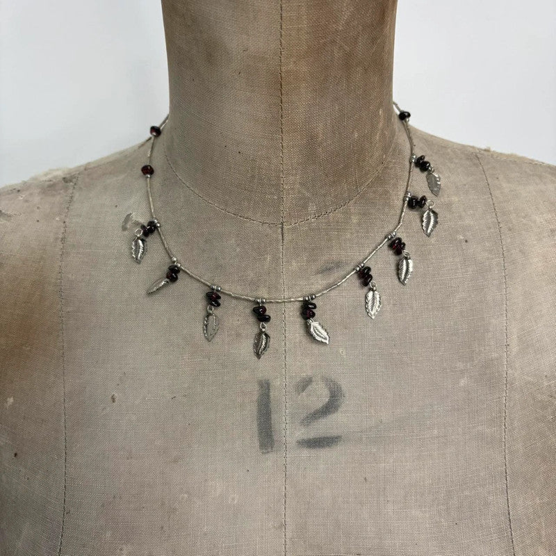 silver bead draped leaf necklace