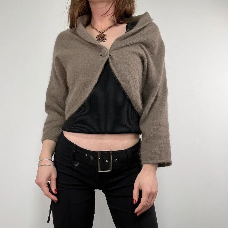 brown angora knit cropped slouchy cardigan