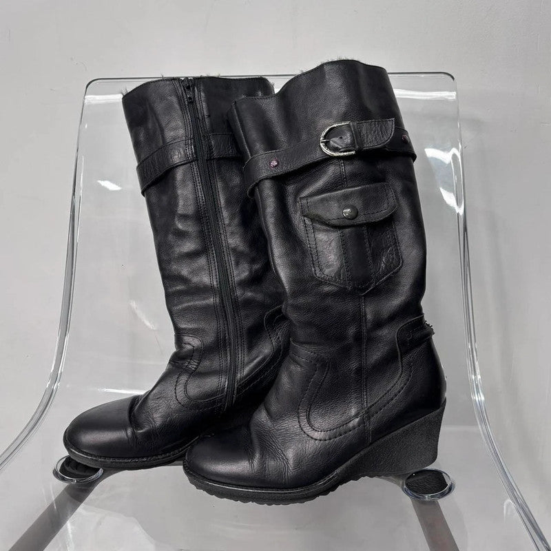 black leather buckle knee high boots