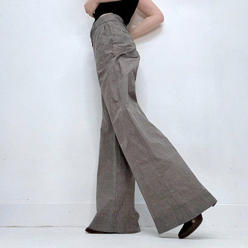 grey wide leg checked tartan trousers