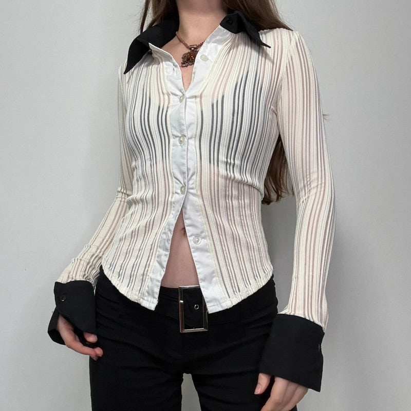 fitted ribbed sheer pinstripe shirt