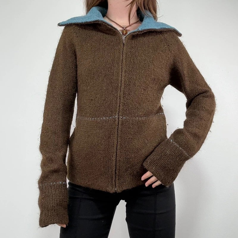 brown knit flared zip through cardigan