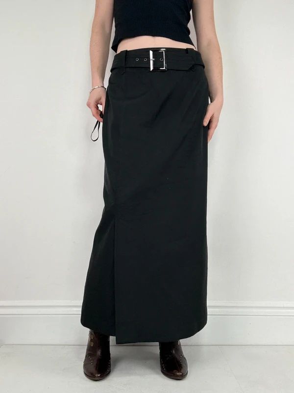 black a-line maxi belted skirt