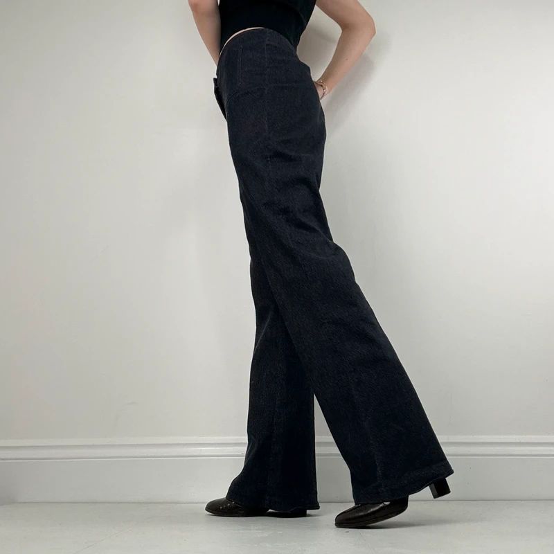 dark denim flared patch pocket trousers