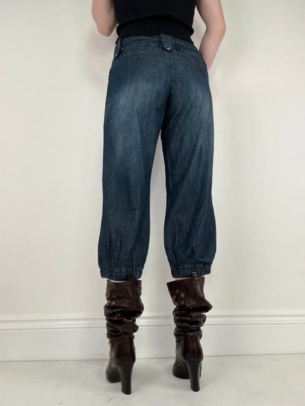 cropped denim puff capri pants