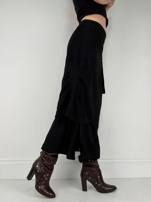 Black layered french flared asymmetric maxi skirt