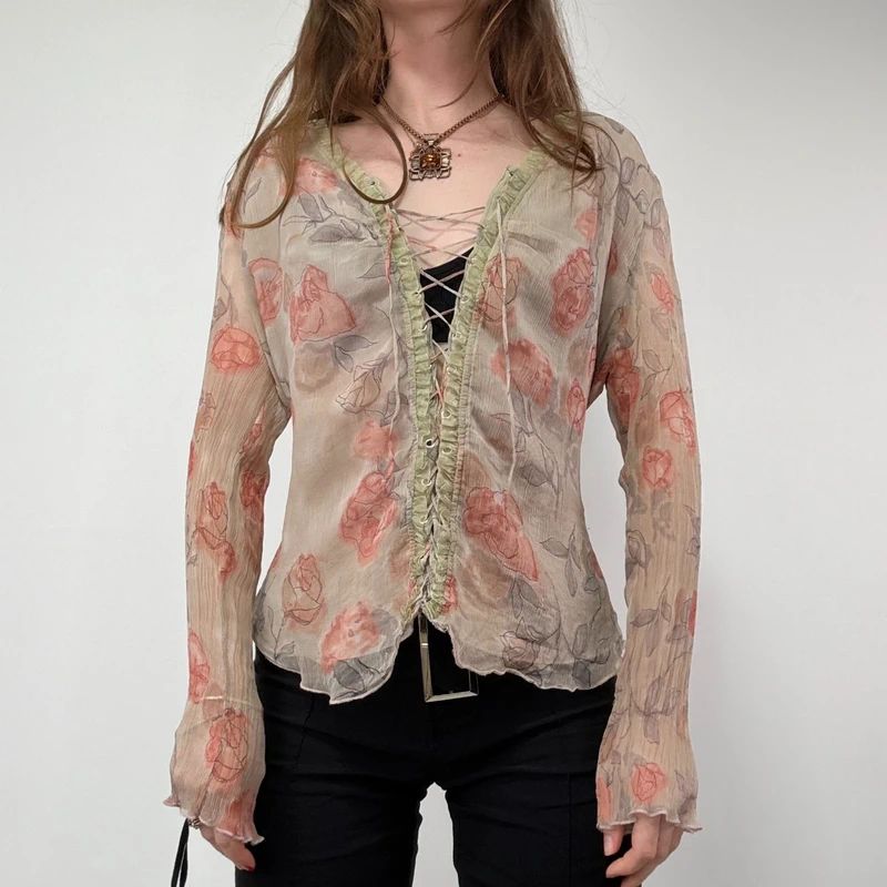 Sheer Crinkle Floral Lace-Up Fairy Shirt