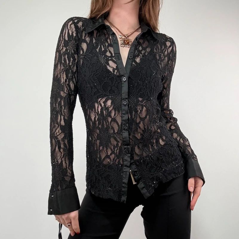 Sheer black Lace Flared Shirt