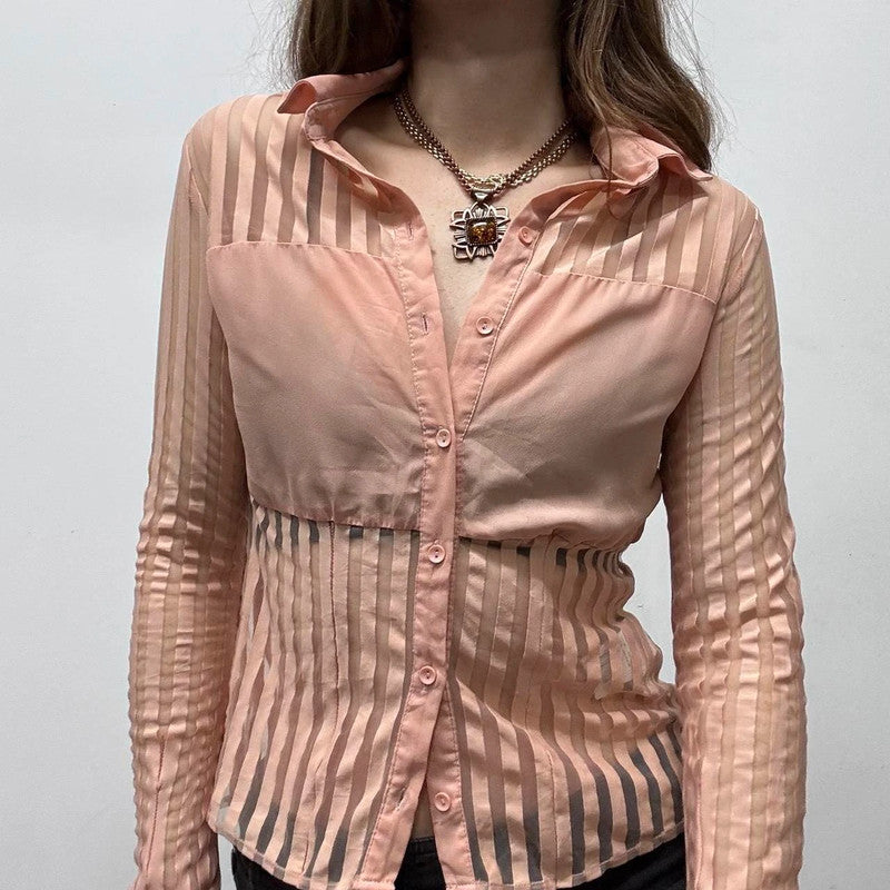 pink mesh pinstripe sheer flared shirt