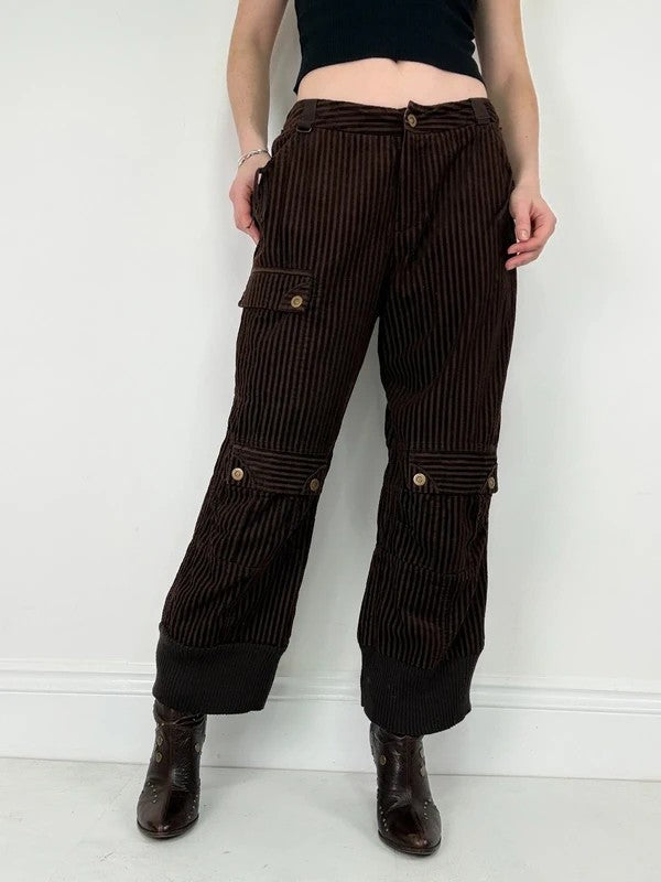 brown pinstriped ribbed Jumbo cord capri trousers
