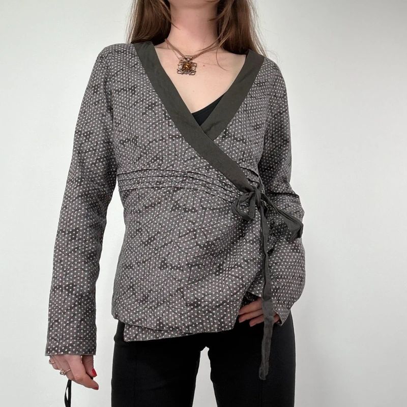 brown polkadot wrap shirt