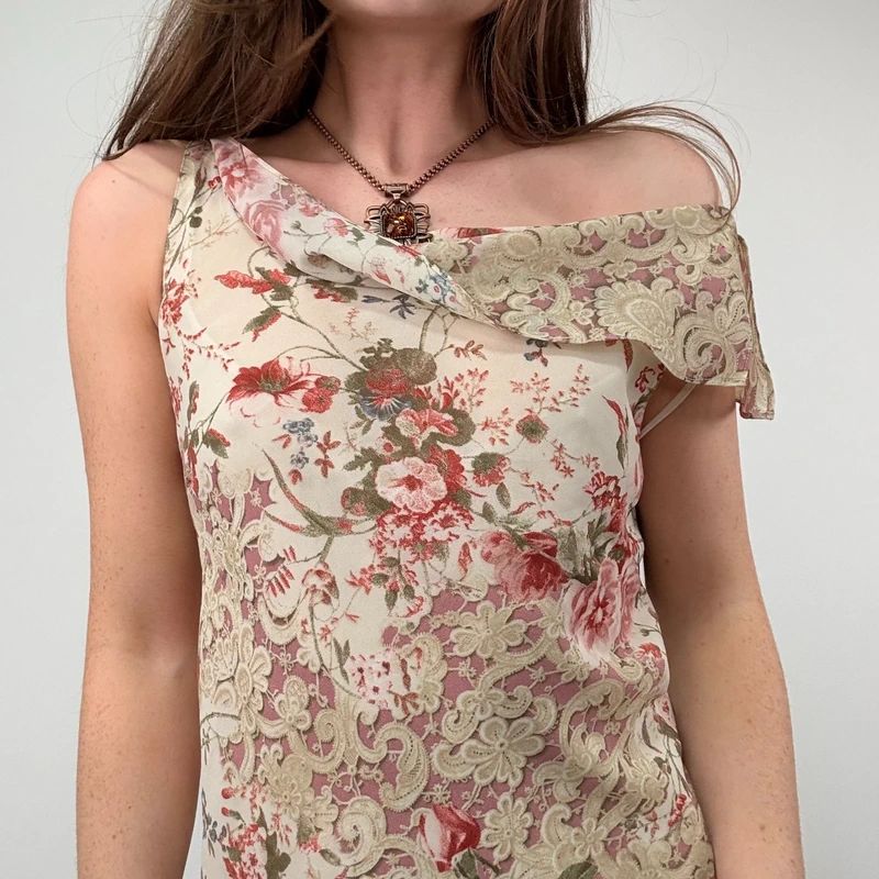 Lace Print cowl neck Drape Vest