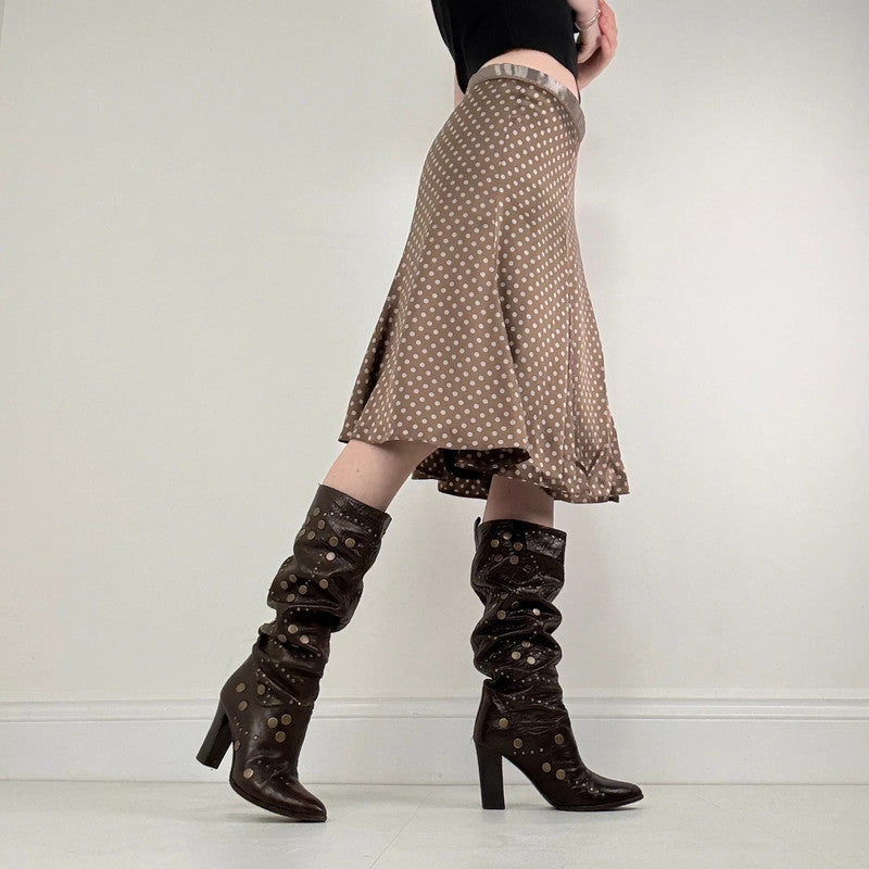 brown silk polka dot midi skirt