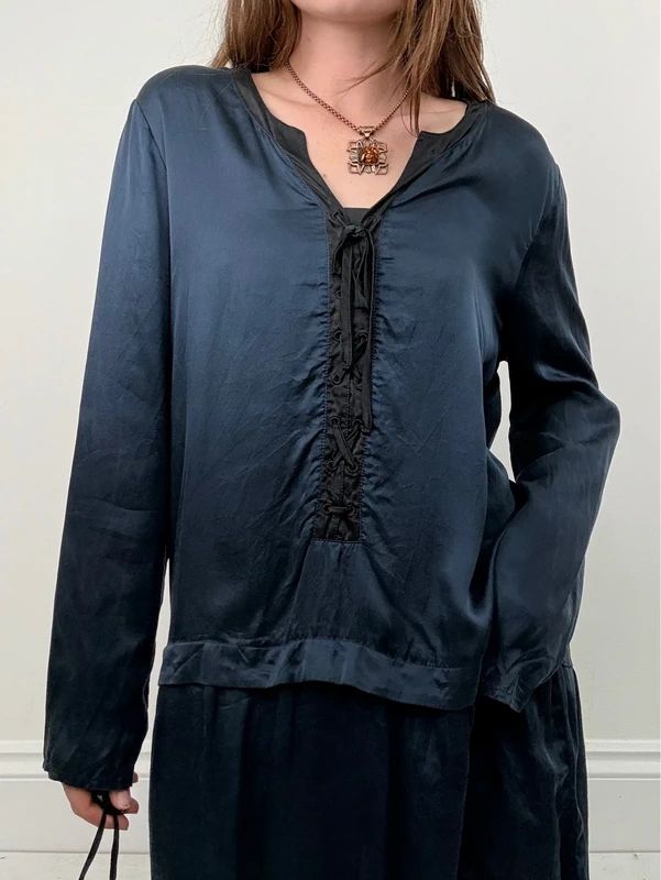 navy silk drop waist long sleeve shirt dress