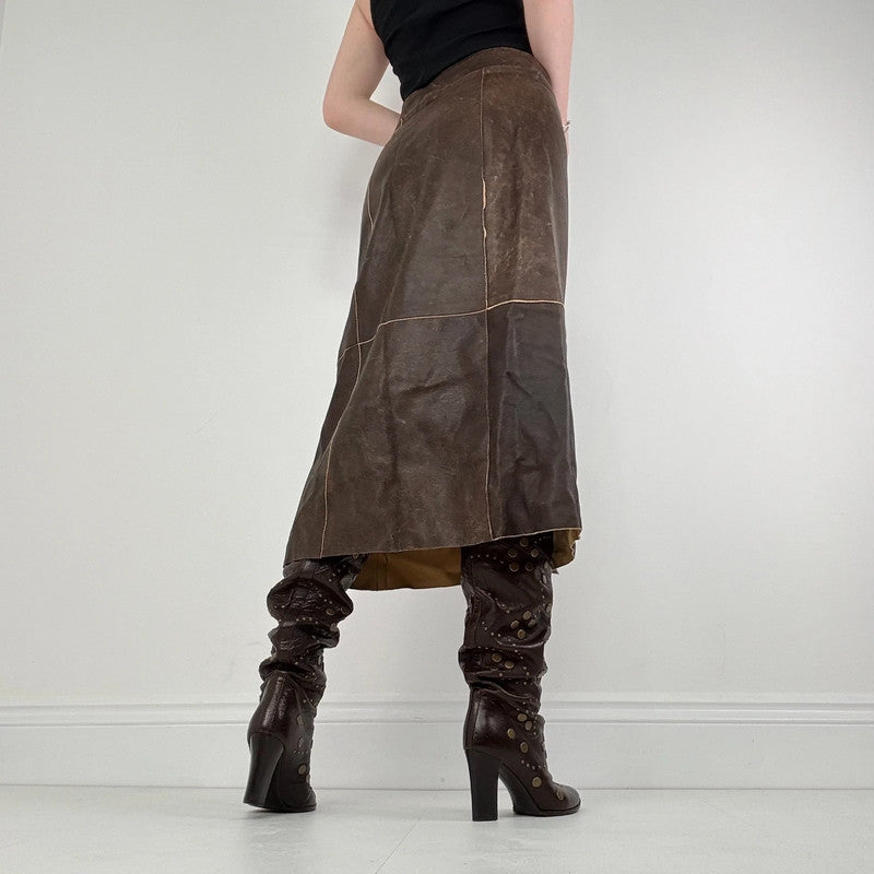 chocolate brown leather a-line midi skirt