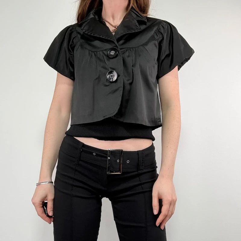 black satin cropped capped sleeve mini jacket