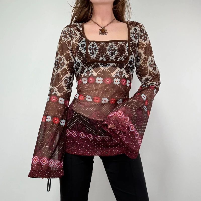 graphic printed boho western flared mesh shirt